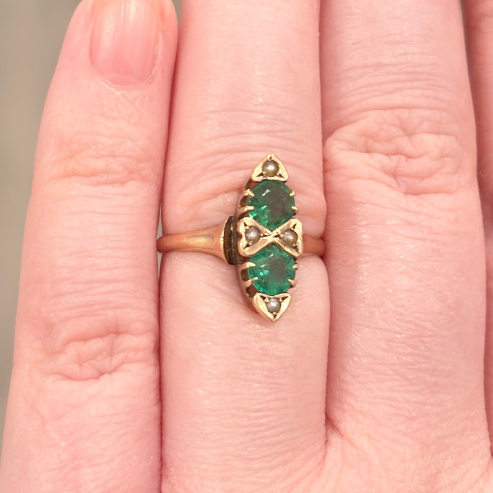 Antique Edwardian 10K Green Ring, Size 5.5, Rose Gold, Navette - Picture 7 of 17